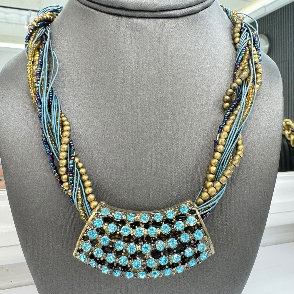 Statement Necklace - Aqua Rhinestones & Mixed Beads, Boho Multi-Strands